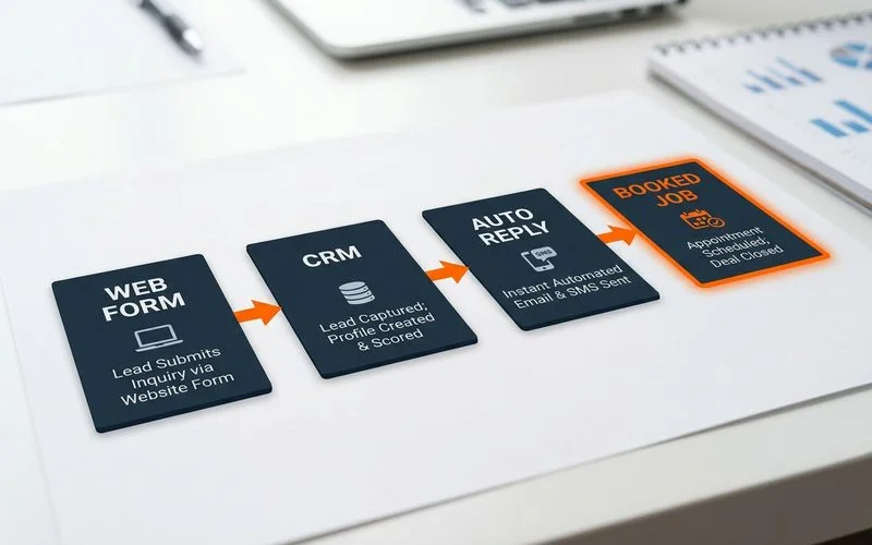 Automated lead follow-up flow from web form submission to CRM to booked job