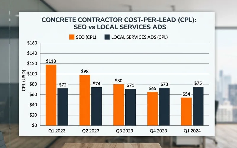 Bar chart comparing cost-per-lead of SEO vs Google Local Services Ads over time