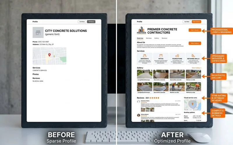 Before and after view of the contractor's optimized Google Business Profile