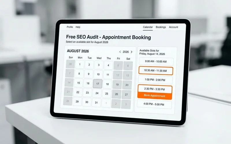 Booking calendar with available free audit slots through August 2026