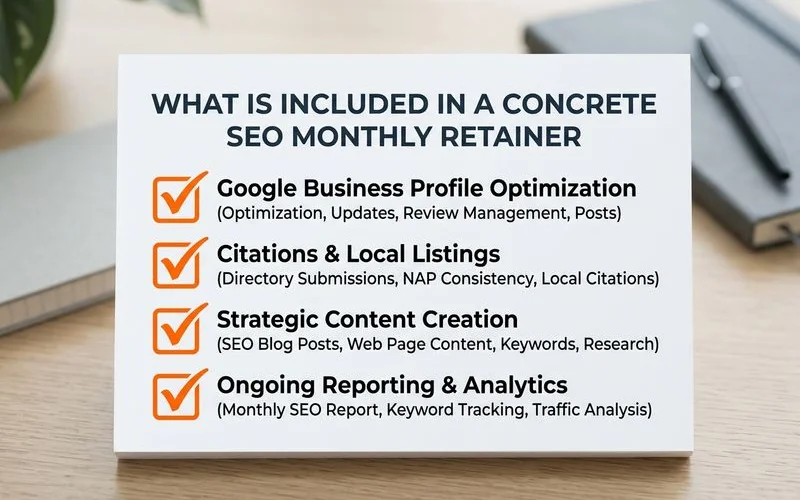 Checklist of what is included in a concrete SEO monthly retainer