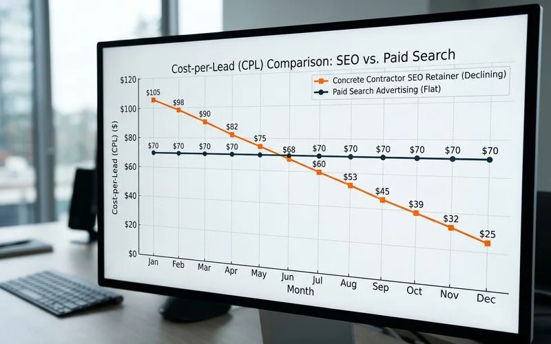 Cost-per-lead ROI comparison chart for an SEO retainer versus paid search