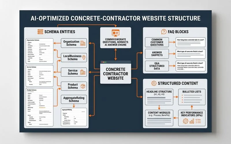 Diagram of a concrete contractor site structured for AI answer engines