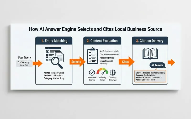 Flow diagram of how AI answer engines select and cite a local business source