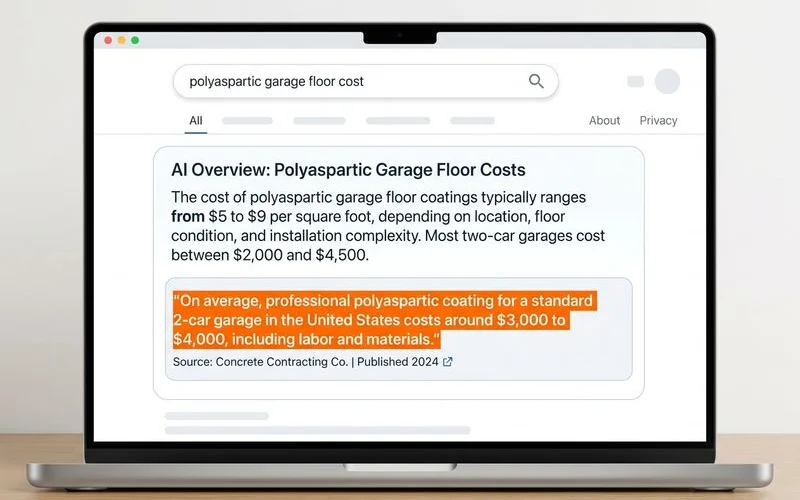 AI Overview citing a concrete contractor as the source for a coating cost query