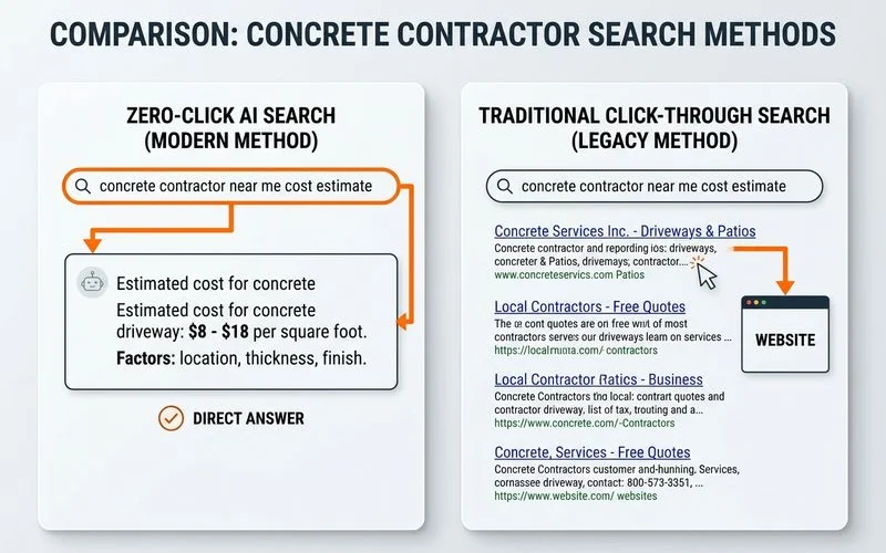 Illustration of zero-click AI search vs traditional click-through search