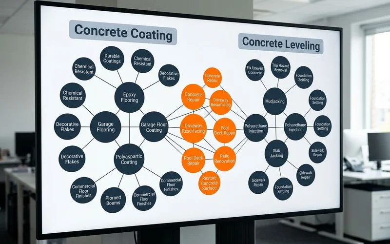 Keyword map showing coating and leveling as sibling trades with distinct search intents
