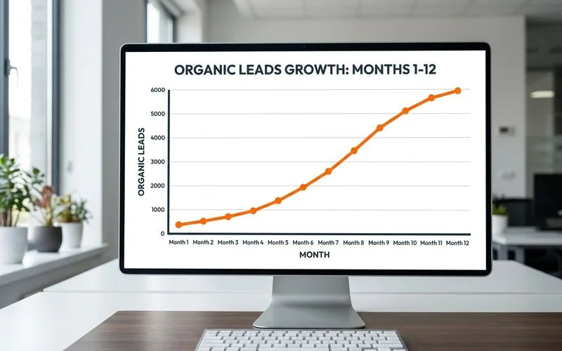 Line chart of rising organic leads over the first twelve months for a concrete contractor