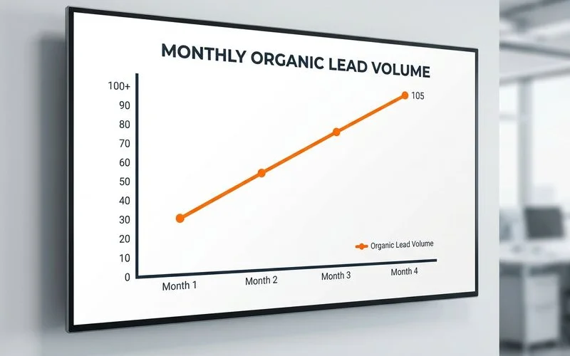 Monthly lead volume chart showing organic traffic growth from month one to month four