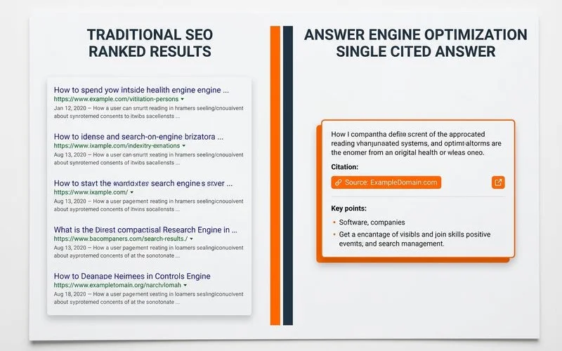 Diagram comparing traditional SEO ranked links with Answer Engine Optimization cited answers