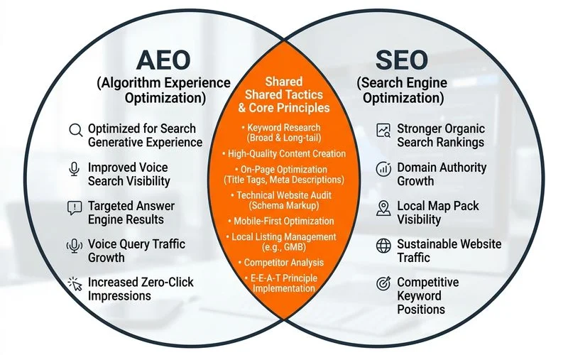 Venn diagram of overlapping AEO and SEO tactics with distinct outcomes