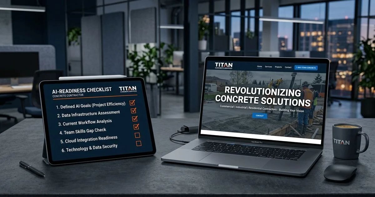 AI-readiness checklist on a tablet next to a concrete contractor website