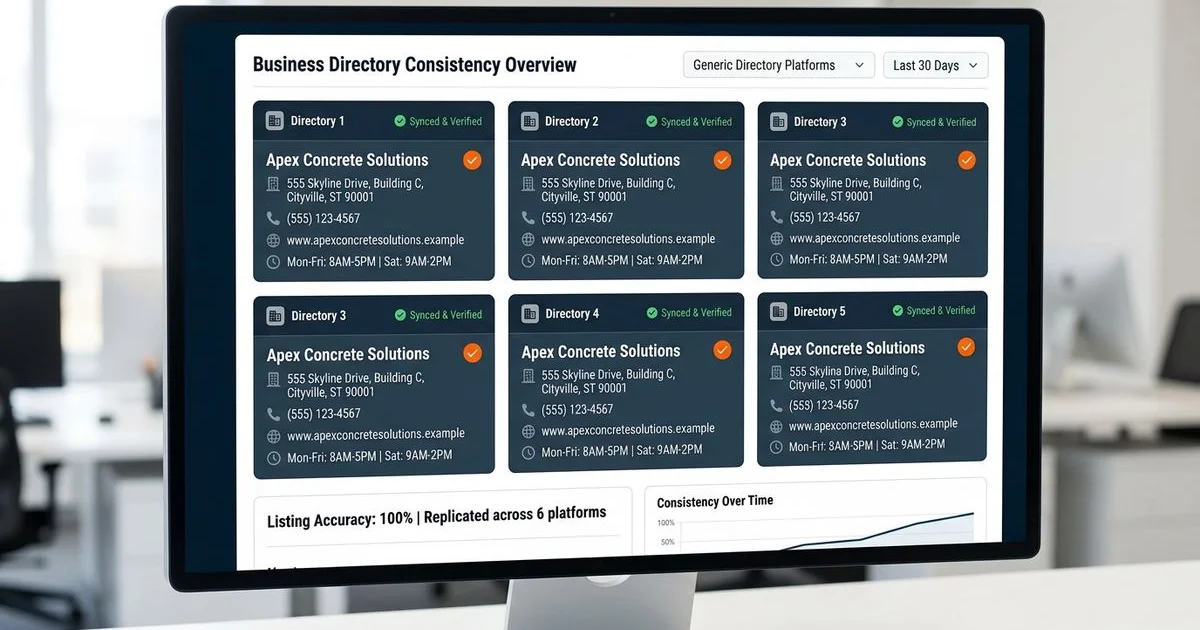 Business directory listings for a concrete contractor across multiple platforms