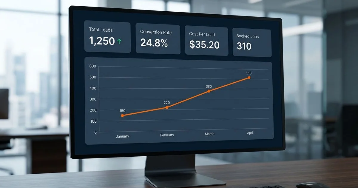 Case study dashboard showing residential concrete coatings contractor lead growth over four months