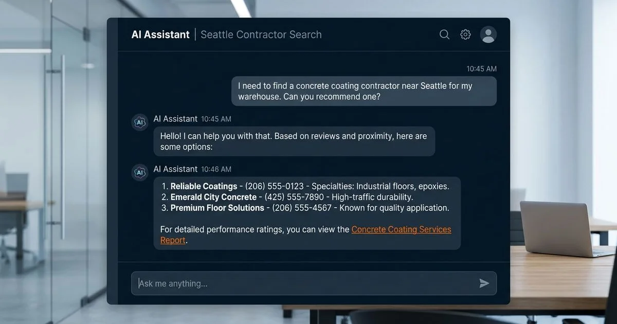 ChatGPT interface recommending a concrete contractor with cited source