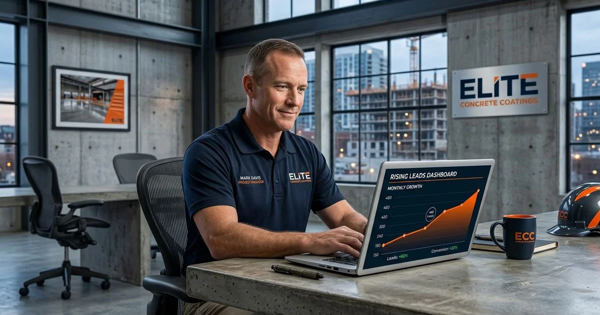 Concrete coating contractor reviewing a rising leads dashboard on a laptop