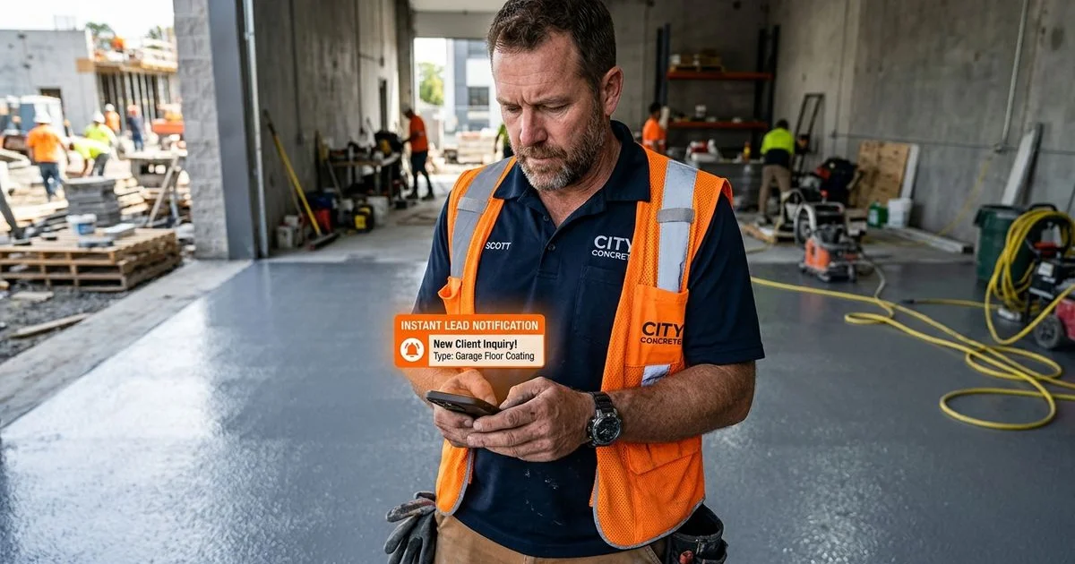 Concrete contractor receiving an instant lead notification text at a job site