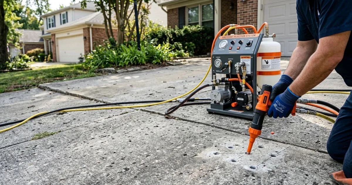 Concrete slab leveling in progress on a sunken driveway