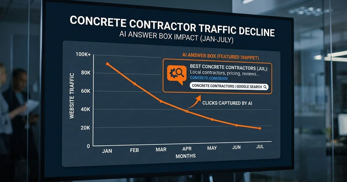 Declining website traffic graph with AI answer box taking clicks