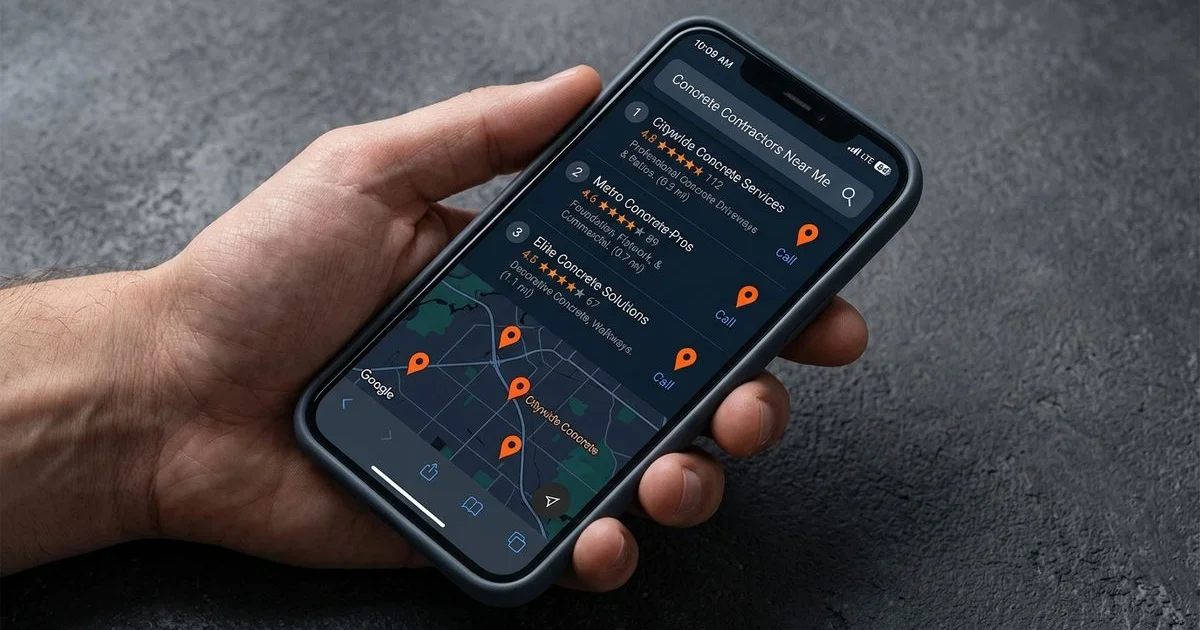 Google map pack results for a concrete contractor on a phone screen
