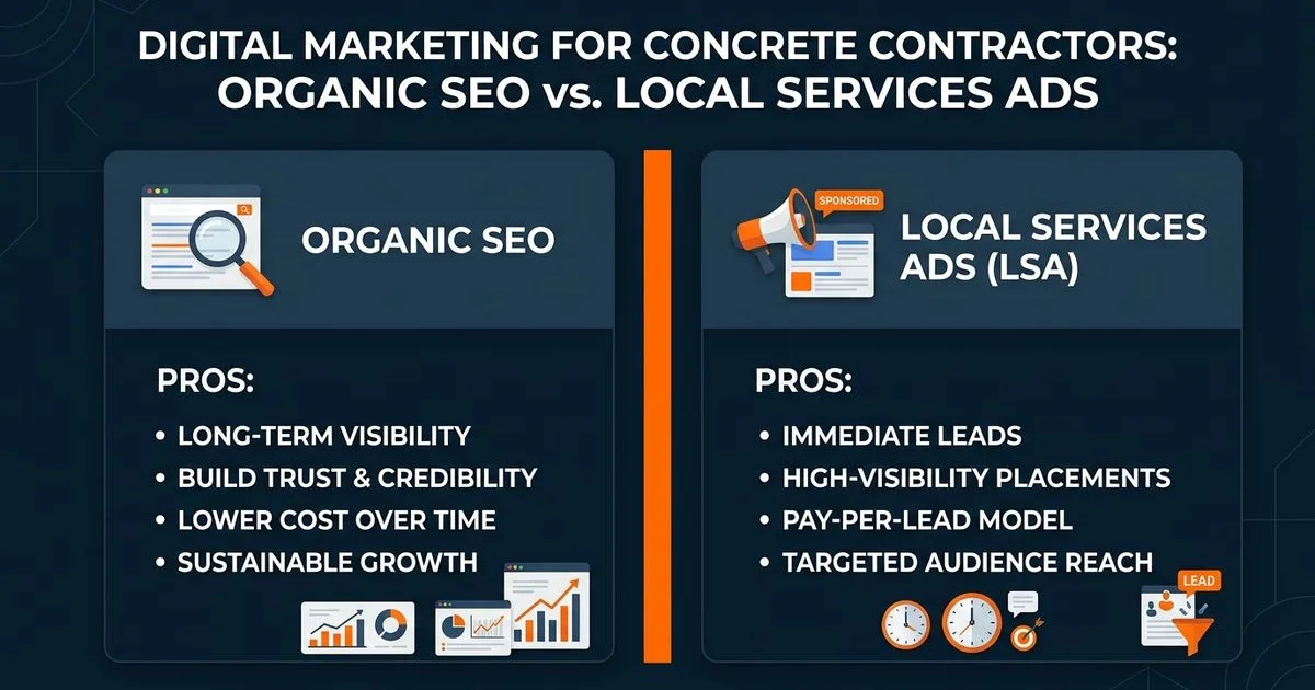 Side-by-side comparison of organic SEO and Google Local Services Ads for concrete contractors