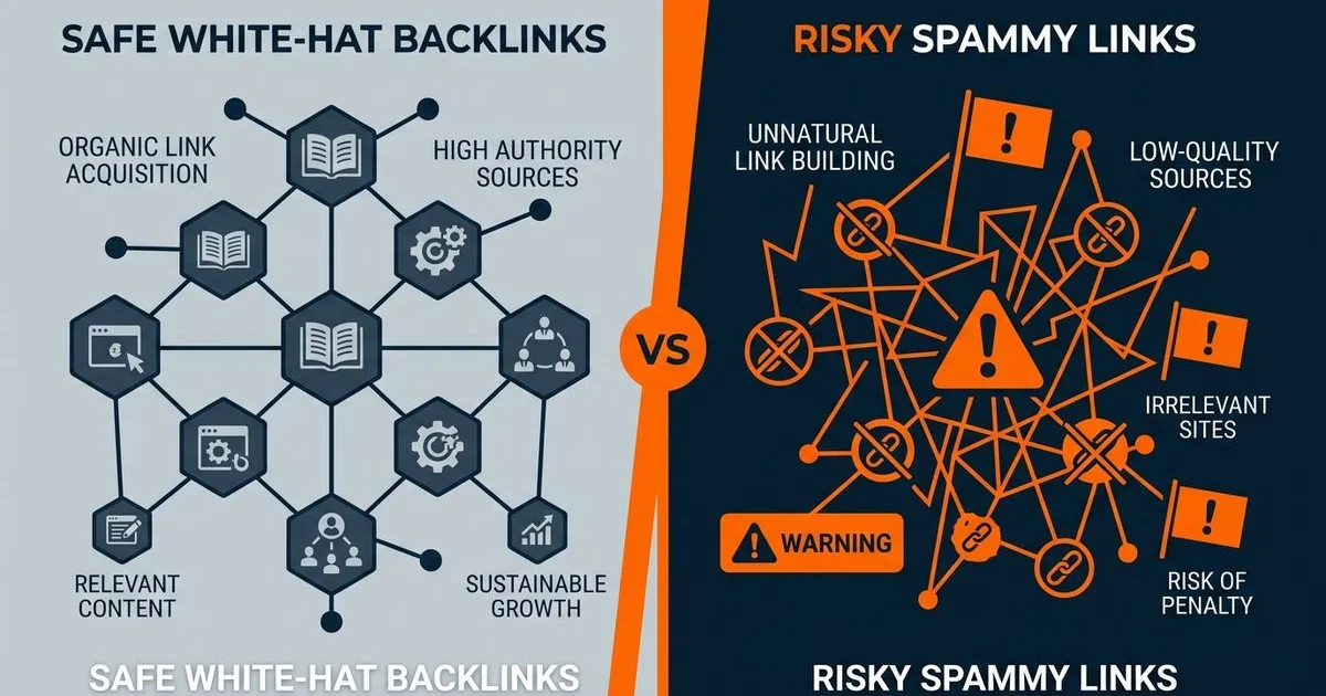 Split image of safe white-hat links versus risky spammy links
