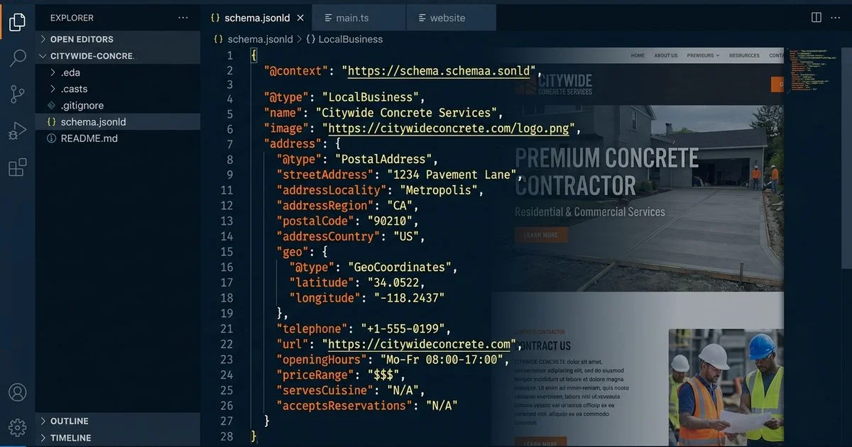 Structured schema code overlaid on a concrete contractor website