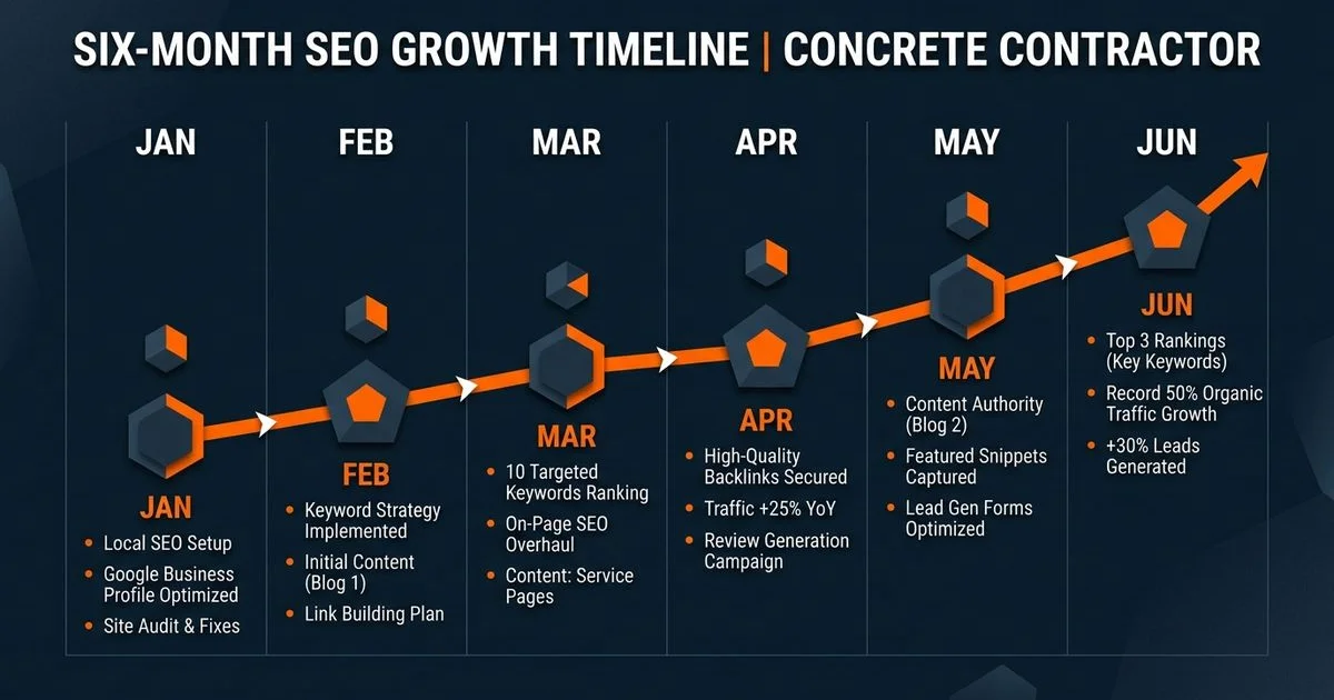 Six-month SEO timeline graphic for a concrete contractor