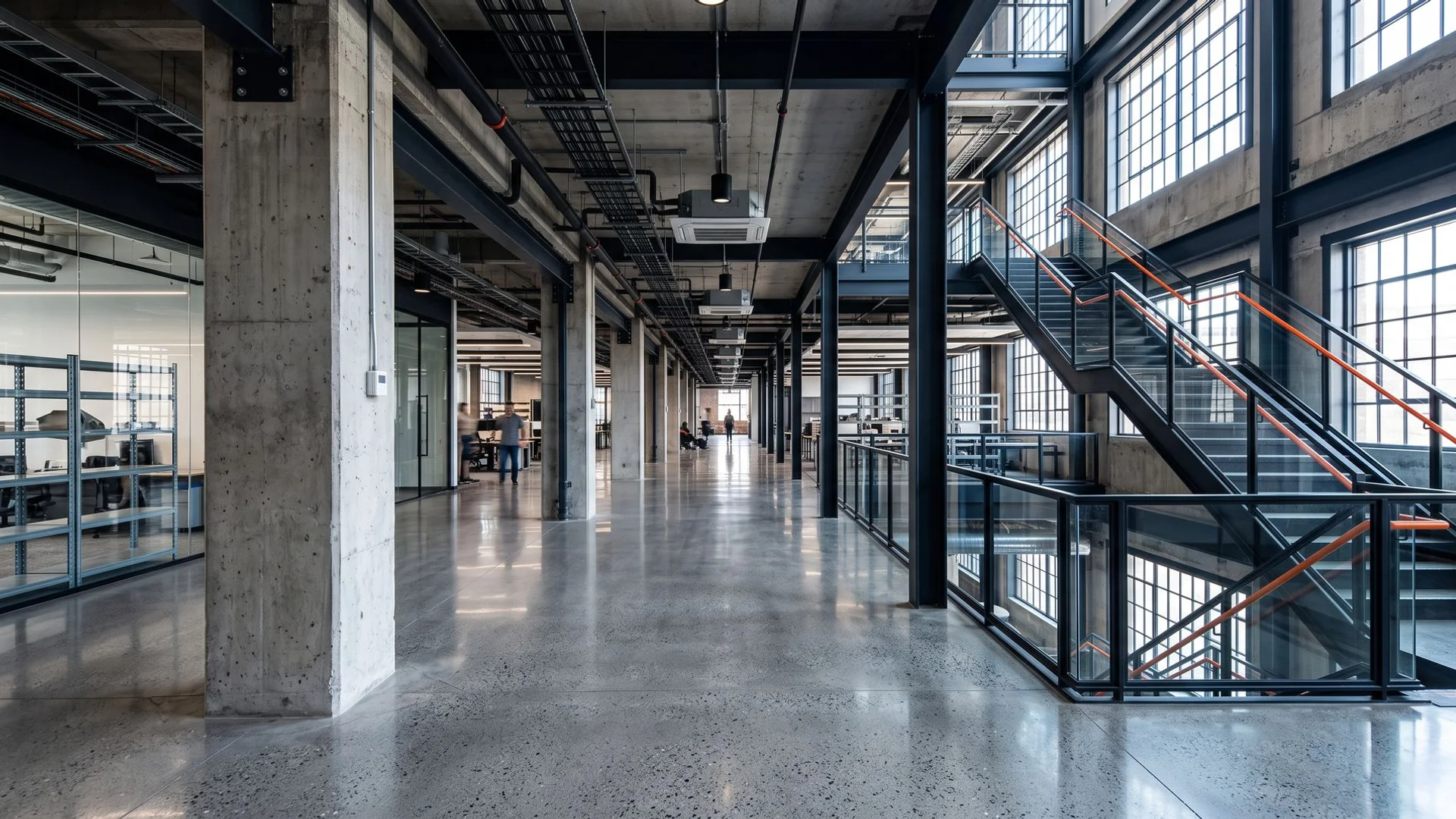Polished commercial concrete floor in a modern industrial building