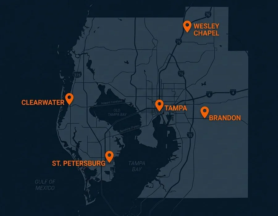 Tampa Bay service area map for our concrete coatings SEO agency